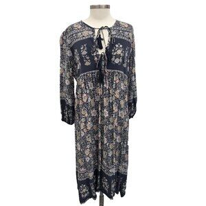 R Vivimos Floral Cottagecore Maxi Dress XL 3/4 Sleeve Keyhole Neck Boho Blue